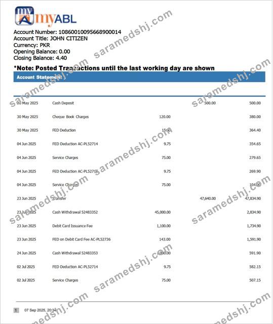 Pakistan Myabl account statement Word and PDF template